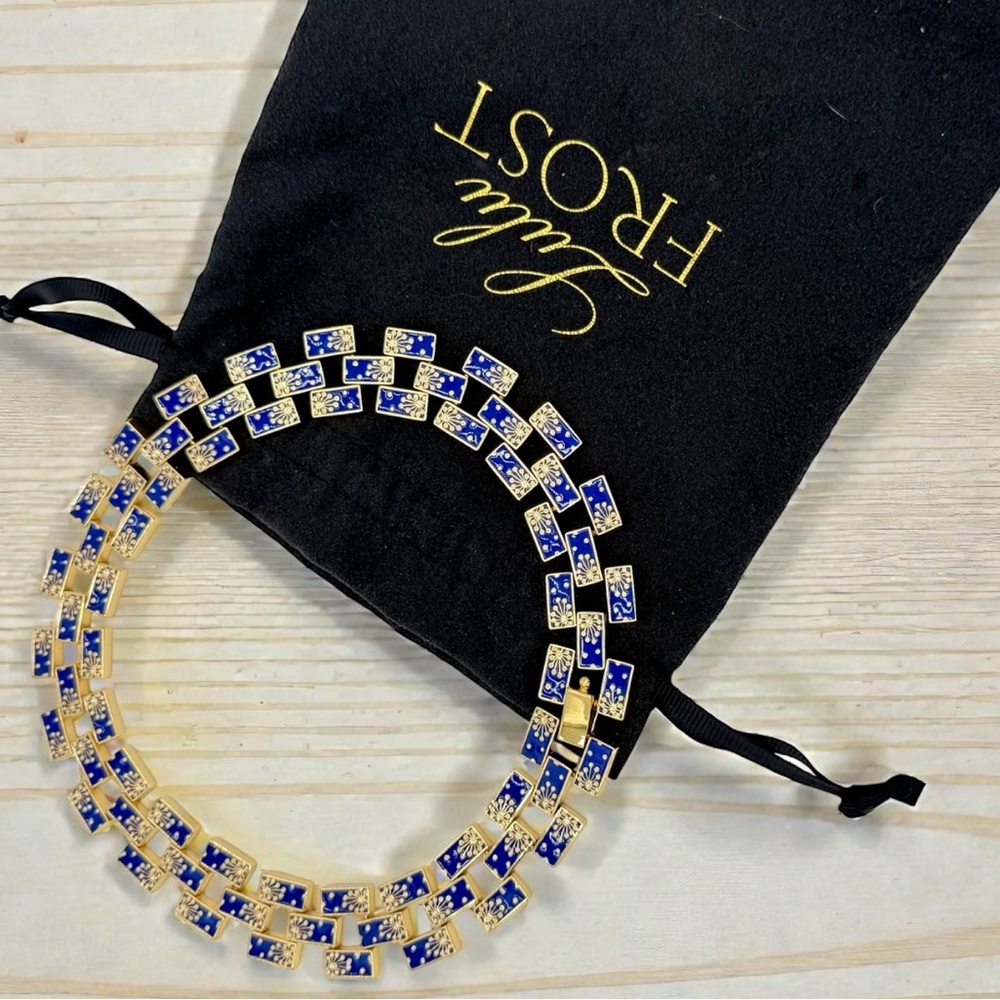 Rare Lulu Frost Signed Blue Enamel Gold Statement Necklace 17” Excellent Cond. - Picture 9 of 17